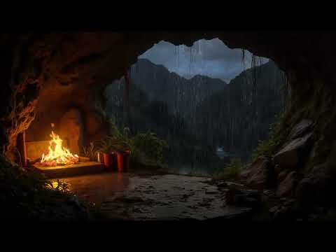 drift away in a cozy forest cave, rain falling gently and fire crackling softly for deep sleep
