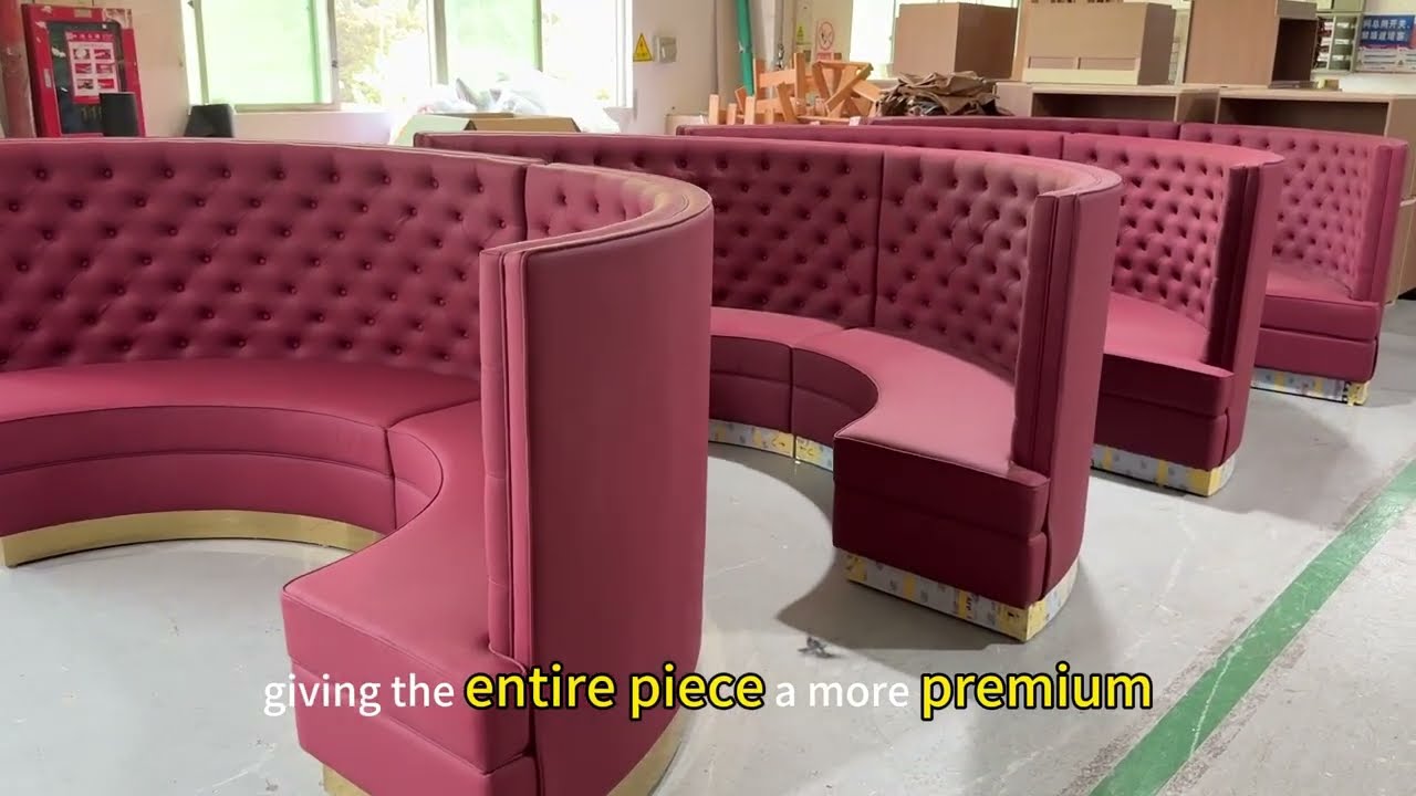 Custom Curved Booth Seating in Burgundy | Button Tufted Restaurant Sofa