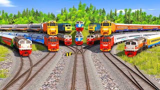 12 Trains Crossing on Top at Risky Sharp Bend Railroad Same Track #101 BeamNG.Drive Trainz Simulator