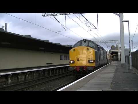 DRS 37610+37605. 6C51 Sellafield-Heysham PS. Carnforth Stn. 14th Feb 2013