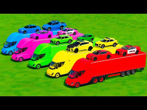 TRANSPORTING BMW, DODGE, VOLKSWAGEN, DACIA & FORD POLICE CARS WITH TESLA TRUCKS | Farming Simulator