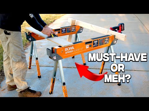 BORA Workhorse XT Adjustable Saw Horses 2 Pack Folding Heavy Duty Sawhorse with Adjustable Height Legs, 2700 lbs Capacity - Portable Workbench & Work Station with Built-in Bottle Opener PM-3360T video review thumbnail