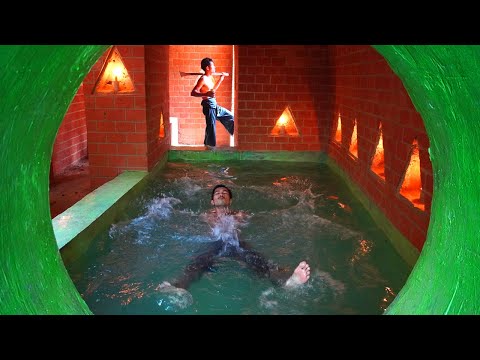 95Days Building Water Slide Park into Underground secret Temple House