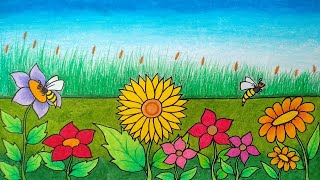 Cara menggambar taman bunga matahari || Menggambar dan mewarnai bunga matahari