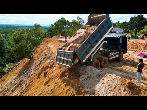 Perfect Project !! Landfill On The Mountain by 10 Wheels Trucks Dumping & Dozer D37E Pushing Rocks