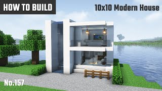 マイクラ建築：モダンな白い家の作り方。エントランスに水のカーテン。10x10ブロックで簡単に。No.157【Minecraft】