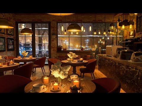 Snow Night on Window at Cozy Coffee Shop with Smooth Jazz Music to Relax/Study/Work to