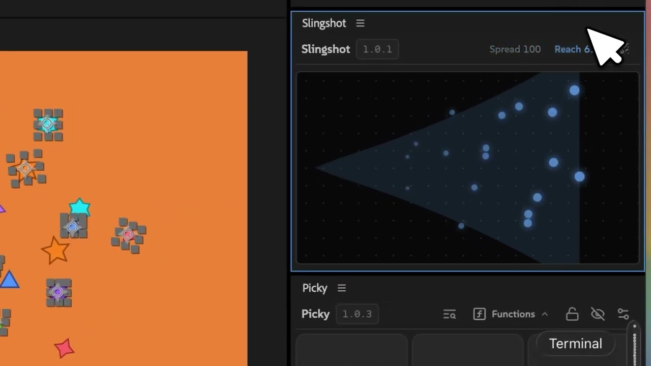Slingshot, directional scatter and confetti animation tool for After Effects, demo by Davey Design