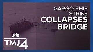 Cargo ship hits Baltimore's Key Bridge, bringing it down. Rescuers are looking for people in water