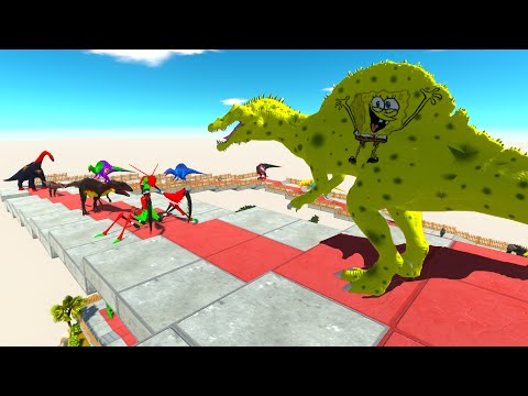 SPONGEBOB SPINOSAURUS vs T-REX JOKER DEATH FALL - Animal Revolt Battle Simulator