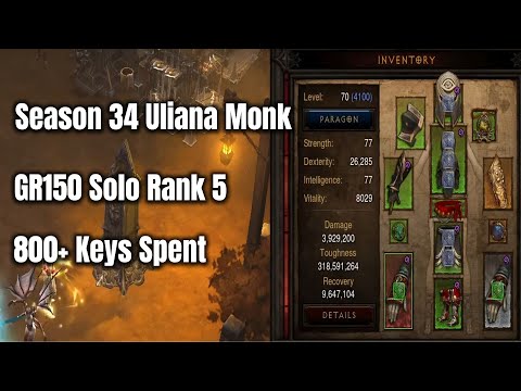 Season 34 Uliana Monk GR150 Solo Rank 5 - Diablo 3