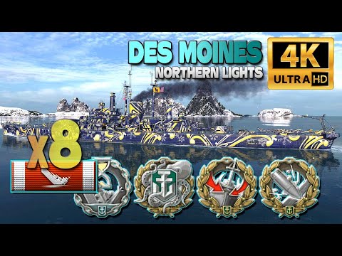 Cruiser Des Moines on map Northern Lights, 8 ships destroyed - World of Warships