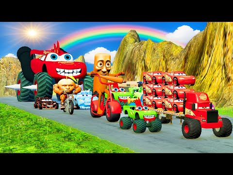 Big & Small Lightning McQueen Monster Giant Wheels & McQ Pixar Cars vs Down Of Death | BeamNG.Drive