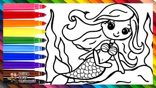 Draw and Color a Cute Mermaid 🧜‍♀️🌊🐚🌈 Drawings for Kids