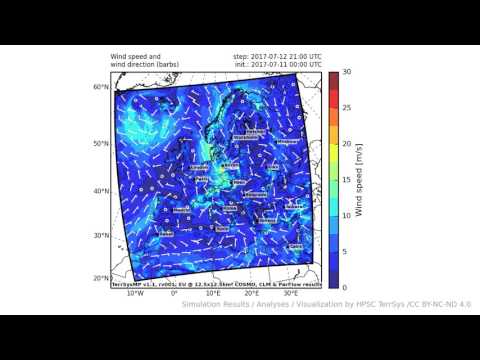 TerrSysMP monitoring run 2017-07-11 - wind speed - Europe (72h)