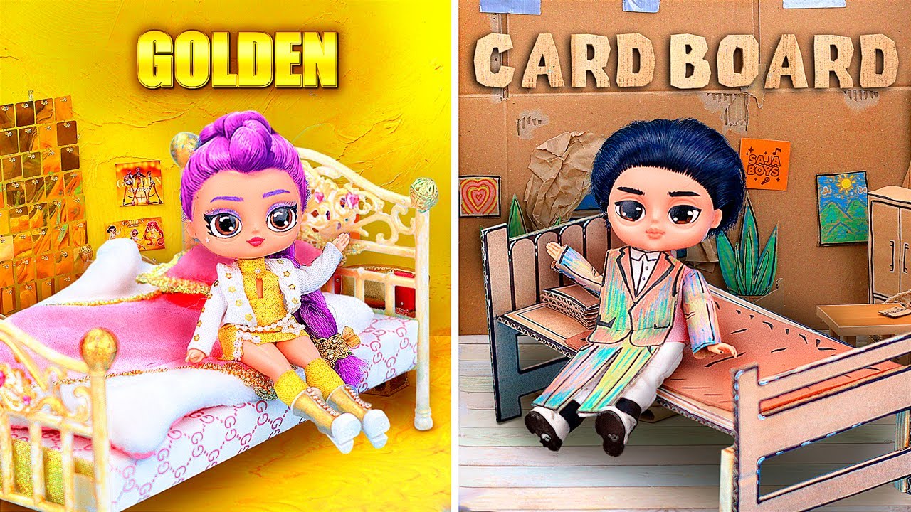 ハントリックスとサジャボーイズのために、ゴールドと段ボールのドールハウスを建てよう!DIY10個