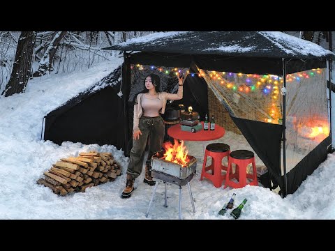 Cozy Snow Camping ❄️ Turning My Tent into a Street Food Restaurant . CAMPING ASMR.