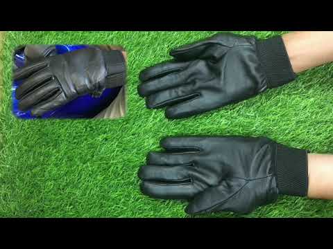 Black leather full finger hand gloves