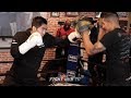 LEO SANTA CRUZ THROWING CLASSIC MEXICAN STYLE COMBOS ON THE MITTS W/POWER DURING WORKOUT