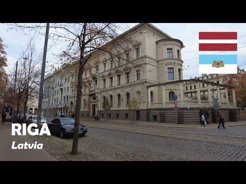 Riga, Latvia. Walk in the city: Krišjāņa Barona and Elizabetes streets. 4K