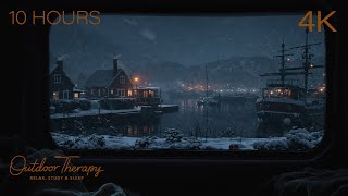 Icy Caravan Window | Blizzard Sounds by the Harbor | Relax, Sleep, Focus [4K] 10 Hours