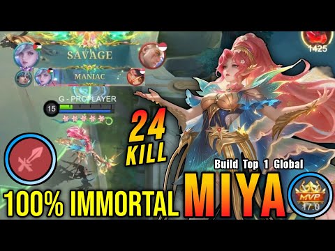 SAVAGE + 24 Kills!! Miya with Fighter Emblem 100% IMMORTAL!! - Build Top 1 Global Miya ~ MLBB