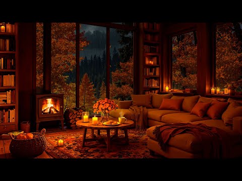 Slow Jazz Music in Cozy Autumn Cabin Ambience 🍂 Fireplace Sounds & Night Rain to Study, Sleep, Relax