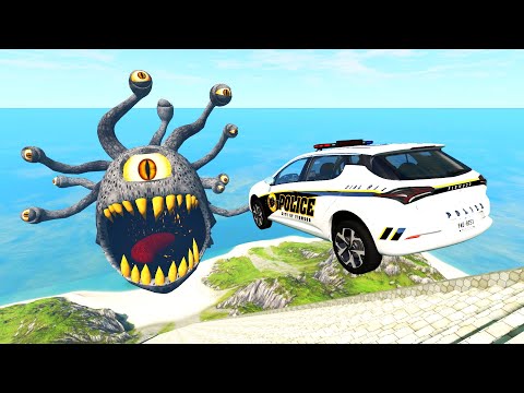 Jumping Police Cars with Giant One-Eyed Monsters Beholder  - BeamNG.Drive