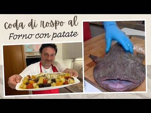 Coda di rospo al forno con patate, olive e pomodorini