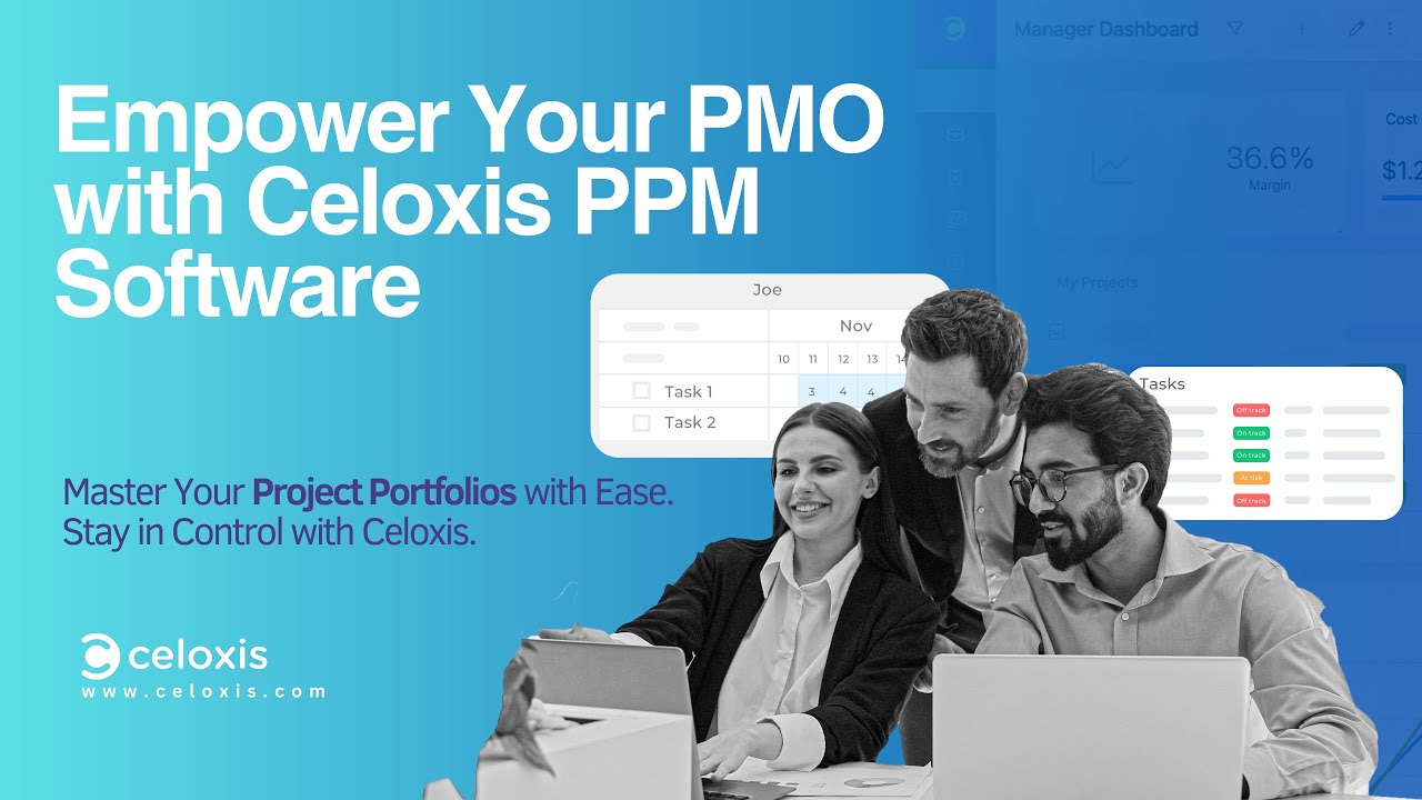 Celoxis project portfolio management software video showing PMO dashboards, portfolio tracking, resource planning, financial visibility, risk management, and executive reporting