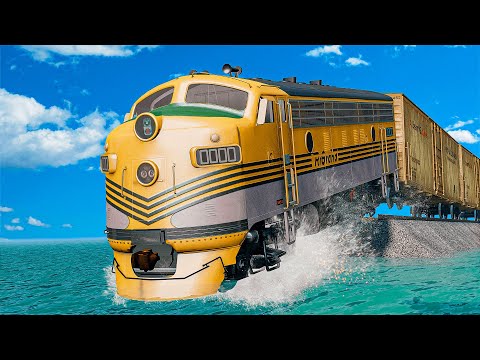 Colorful Train vs Wide Impossible Weird Rail Track Crossing Deepwater | BeamNG.drive