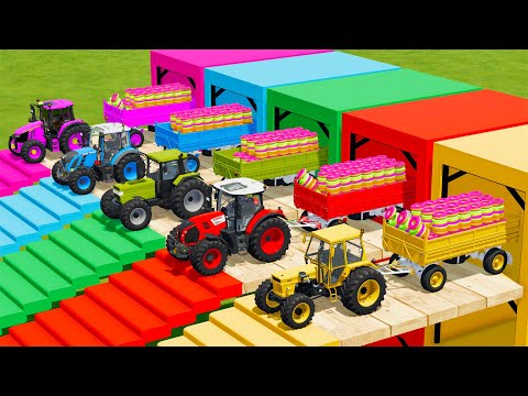 CLAAS vs JOHN DERRE vs FIAT vs CASE TRACTORS BATTLE WITH DONUTS - Farming Simulator 22