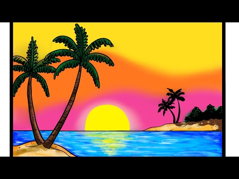 How to Draw Sunset Island Scenery