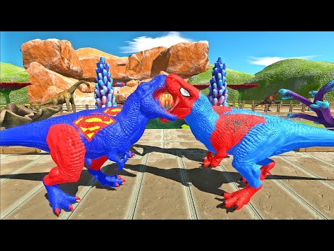 2x SUPERMAN T-REX vs 2x SPIDERMAN T-REX OASIS DEATH RUN - Animal Revolt Battle Simulator ARBS