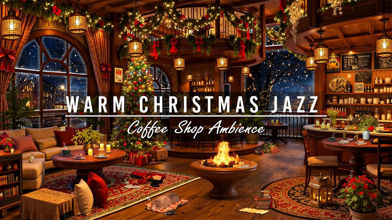 Relaxing Christmas Jazz Music with Snowing Ambience to Sleep ☕🎄 Cozy Christmas Coffee Shop Ambience