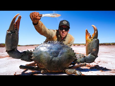 GIANT CRAB Caught By HAND- EATING and COOKING on a Fire