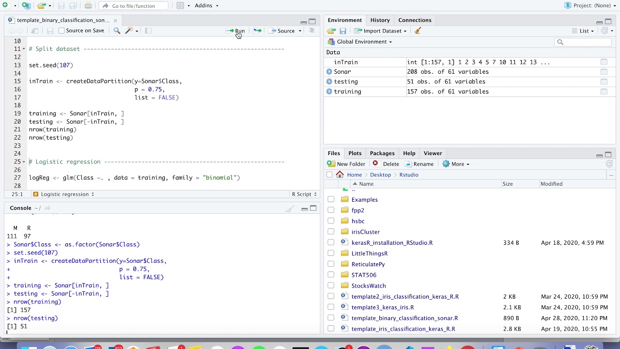 Binary classification, sonar dataset, glm