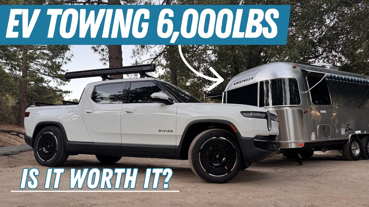 Five EV campers on a video call showing their setups: F-150 Lightning with trailer, Rivian R1T with Airstream, Tesla Model Y with tent, and a Mercedes eSprinter cargo van conversion