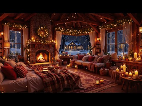 Cozy Winter Jazz Cabin Ambience ❄ Fireplace Crackle & Slow Snow for Chill, Sleep, Work and Study