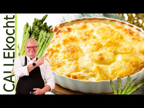 Auflauf mit Kartoffeln, Spargel und Käse. Schnelles Rezept