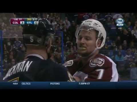 David Backes vs  Nathan MacKinnon roughing Colorado Avalanche vs St. Louis Blues 4/5/14 NHL Hockey.