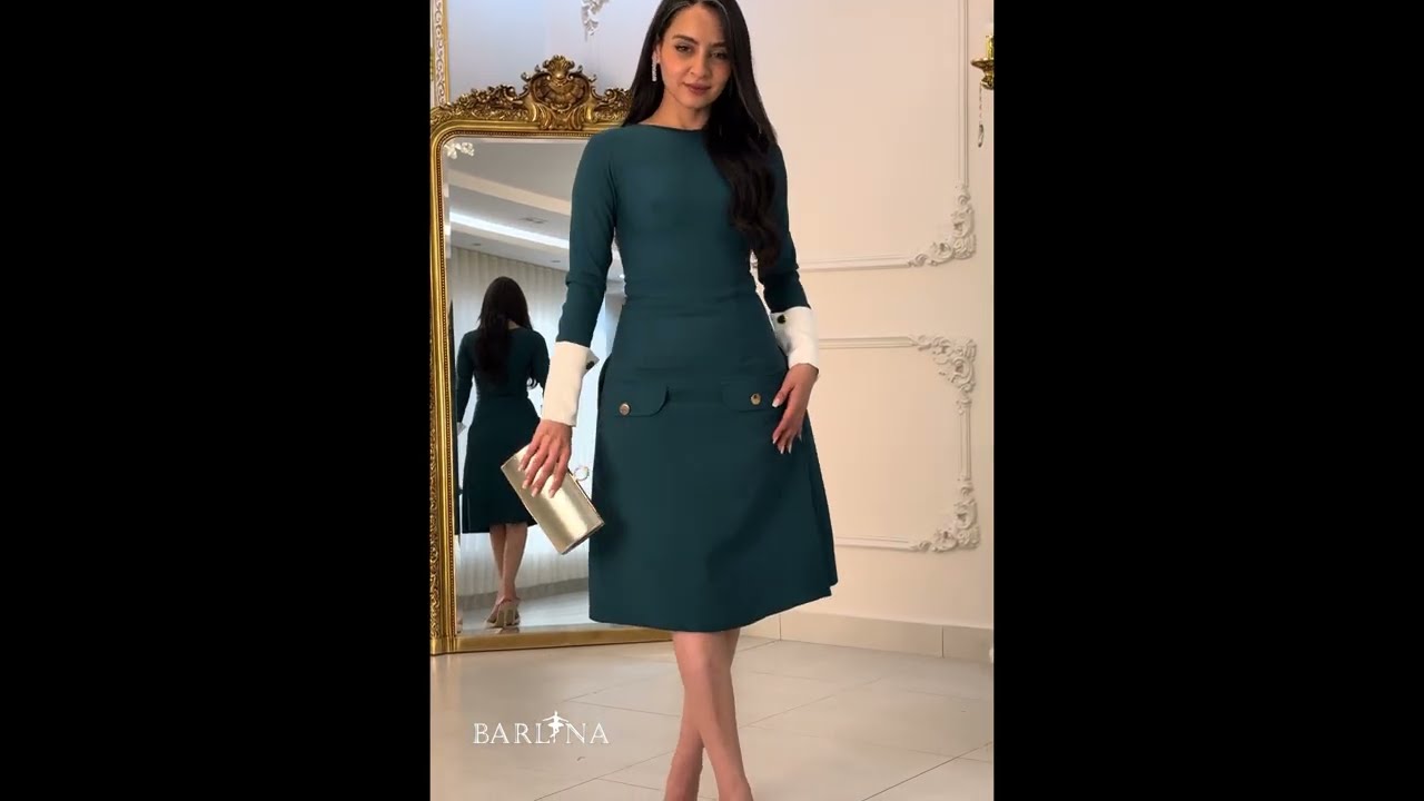 فستان كلاسيكي قصير بأكمام طويلة - كحلي غامق - XXL