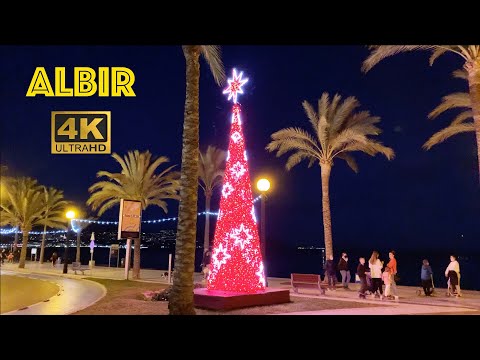 [4K] Albir, Costa Blanca, Spain. 🎄Nighttime  Walking Tour along the Promenade 🎄🇪🇸