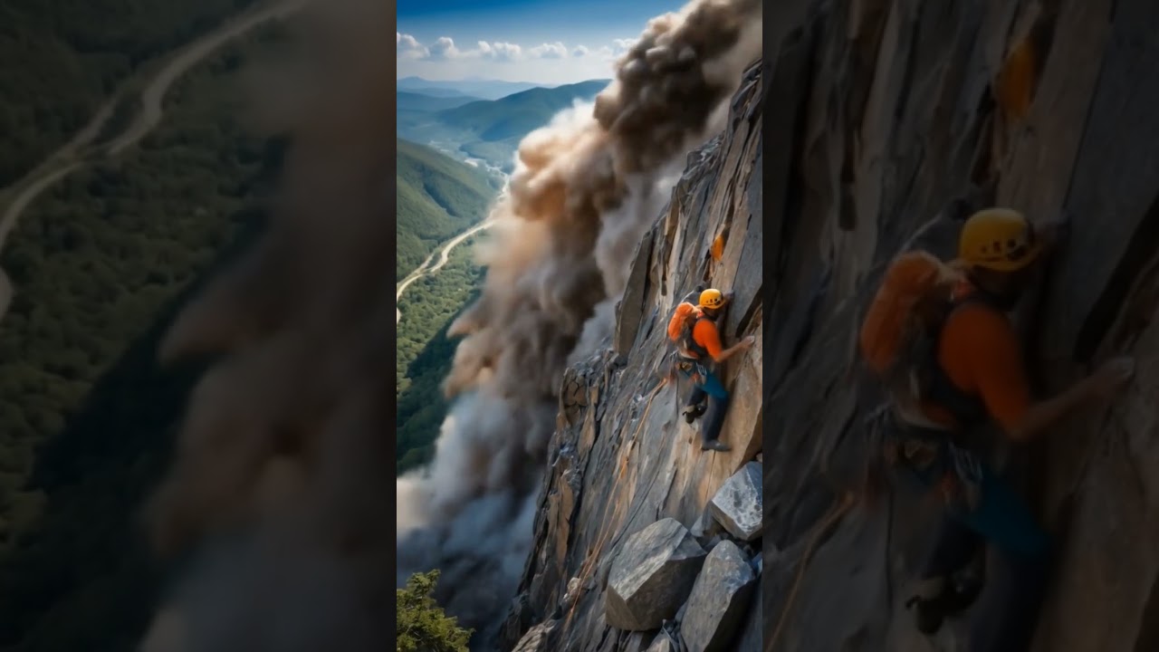 A massive rockslide on a vertical cliff during a mountain climb. #ai #creative #mountains
