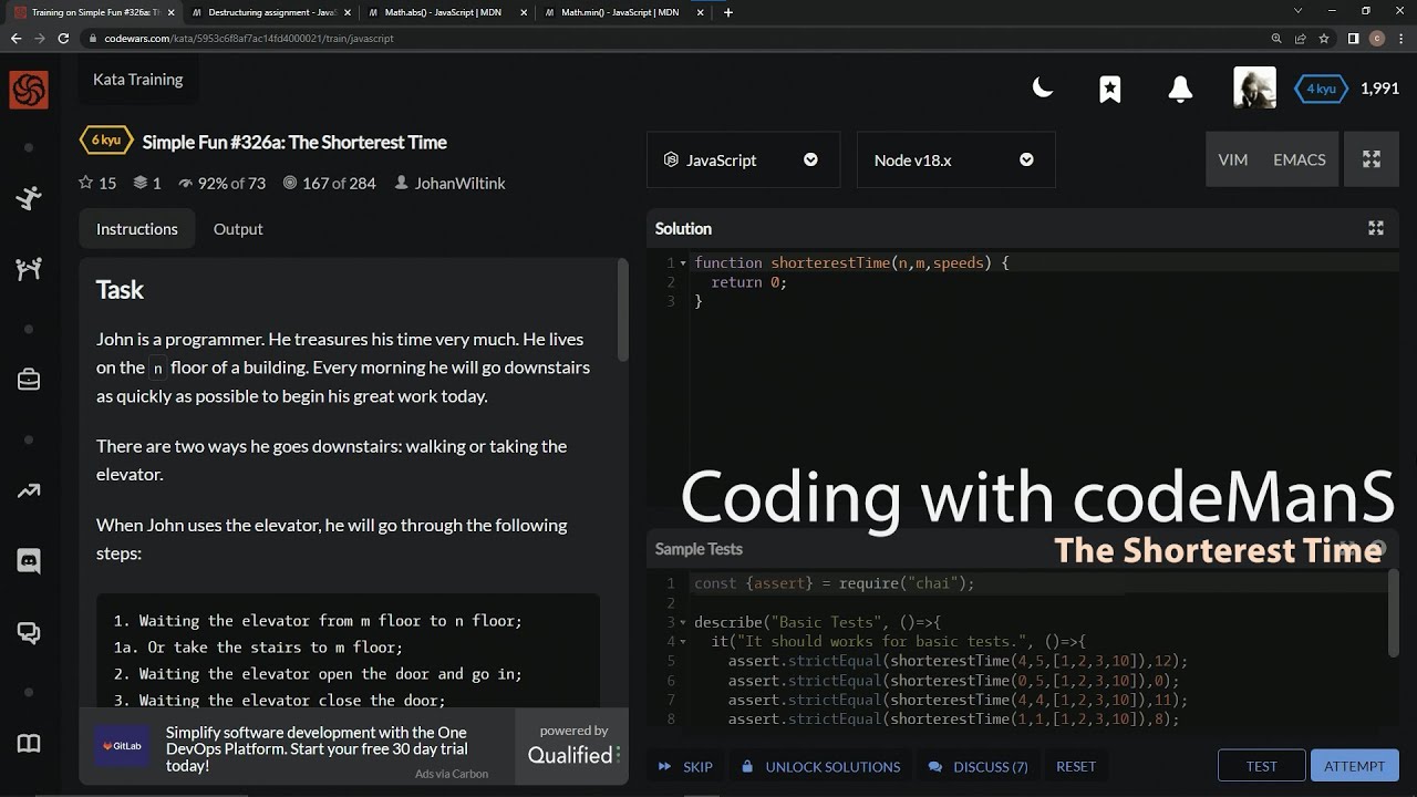 Learn JavaScript | Codewars 6 kyu Season 2 - Simple Fun #326a: The Shorterest Time