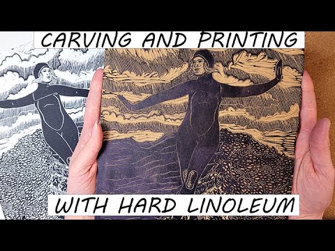 Carving and Printing with Hard Linoleum | Lino-Cut Printmaking Tutorial | Surfer | EHollingsheadArt