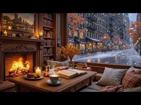 Quiet Winter Café Ambience ❄️ Soft Jazz Piano & Fireplace Sounds for Work & Relax