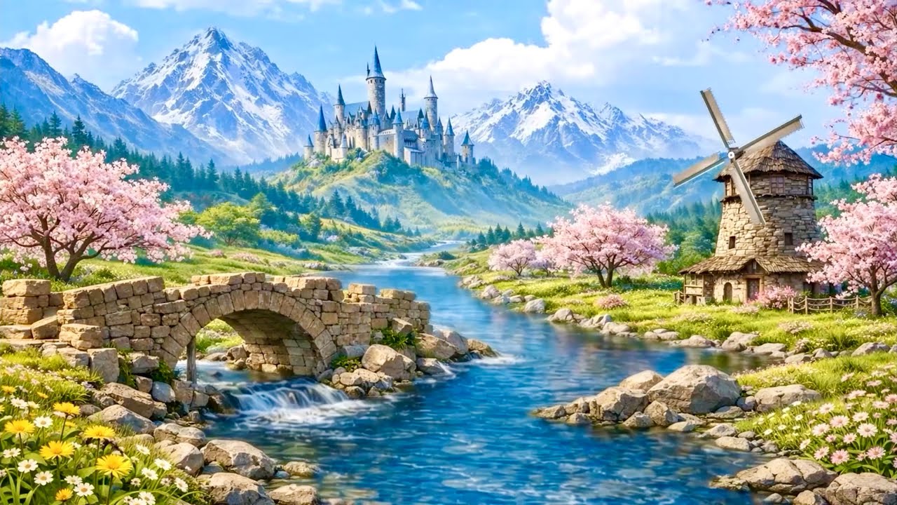 [ASMR/環境音] 春の魔法渓谷のせせらぎ | 桜と石橋に包まれる幻想の川辺 | 作業用・睡眠用・勉強用