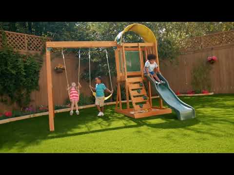 🏕️ Wooden Outdoor Swing Set Playset with Slide Chalk Wall Canopy and Rock Wall Ready to Assemble
