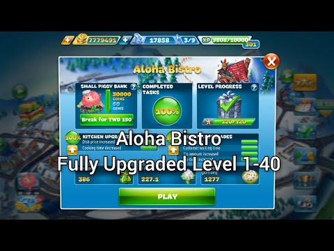 Cooking Fever-Aloha Bistro nível 1-40 (3 estrelas) totalmente atualizado